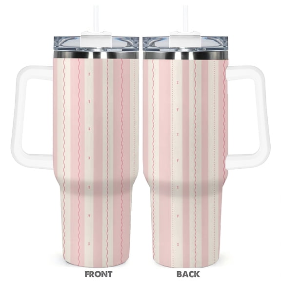 40oz Pink Stripe Heart Insulated Travel Tumbler with Handle and Straw Lid Car Cup Gift for Women