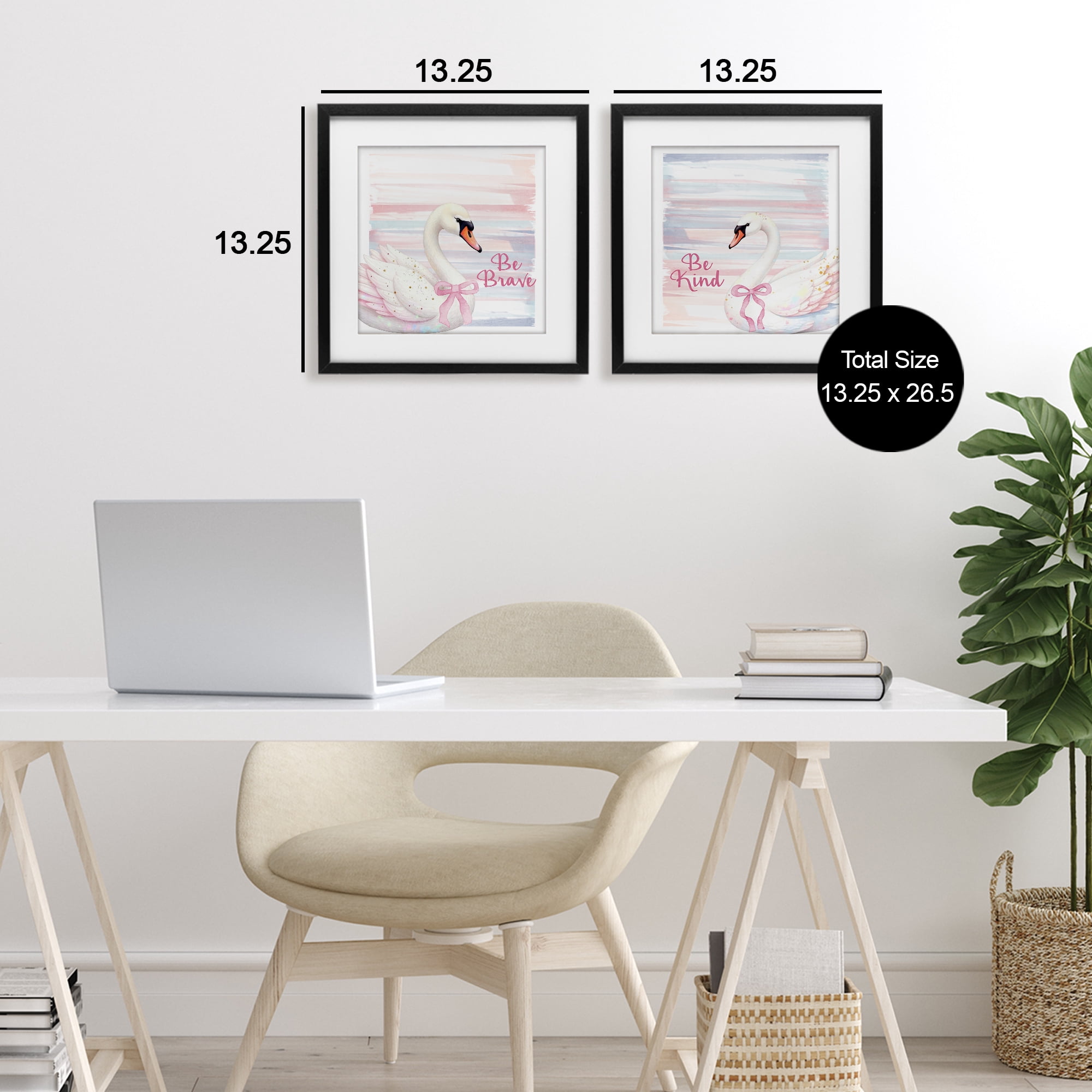 Be Brave & Kind Pastel Swan 2 Piece Black Framed Print Under Glass Set, design by Kim Allen
