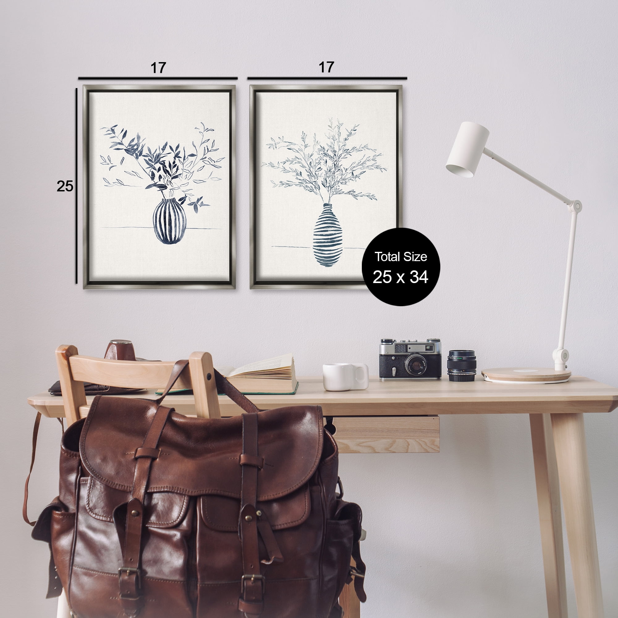 Stupell Industries Striped Floral Table Vase Plants & Flowers Drawing Gray Floater Framed Canvas Art Print Wall Art, 17 x 25, Set of 2