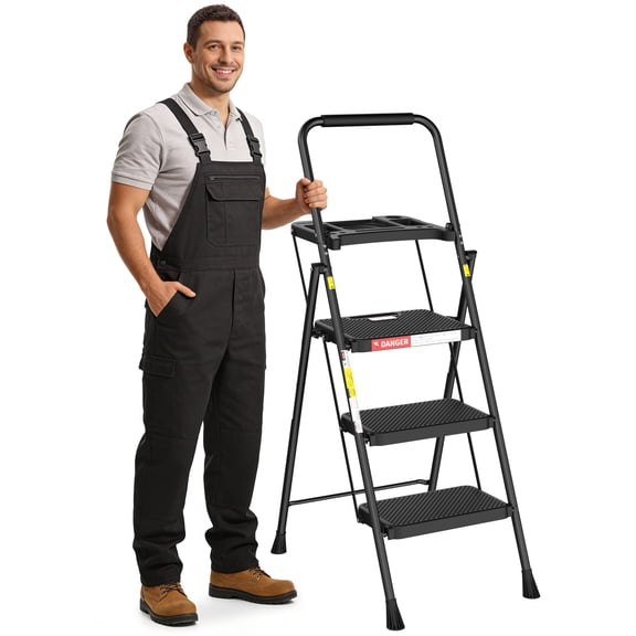 LevLad Folding 3 Step Ladder with Tool Tray & Anti-Slip Pedals, Stable Steel Step Stool for Home Use, Black