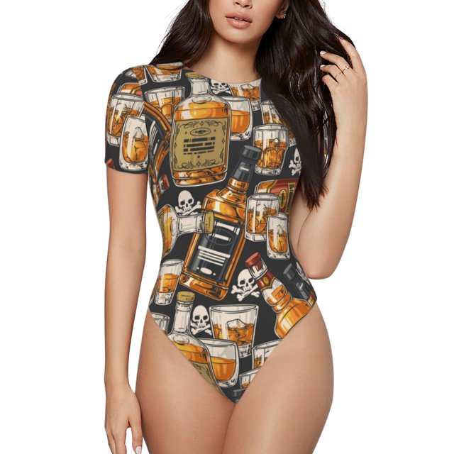 Fotbe Vintage Bottles Body de Mujer con Cuello Redondo y Mangas Cortas, Sin Mangas Ajustado, Suave, Cómodo y Básico-Small