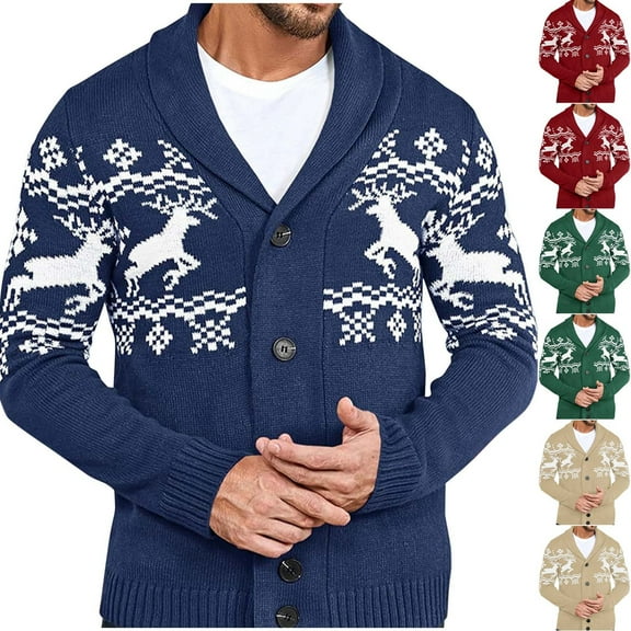 WRKEKC Men's Cardigan Shawl Collar Button Down Long Sleeve Deer Print Thickened Warm Festive Stylish Fall Winter Casual Outerwear