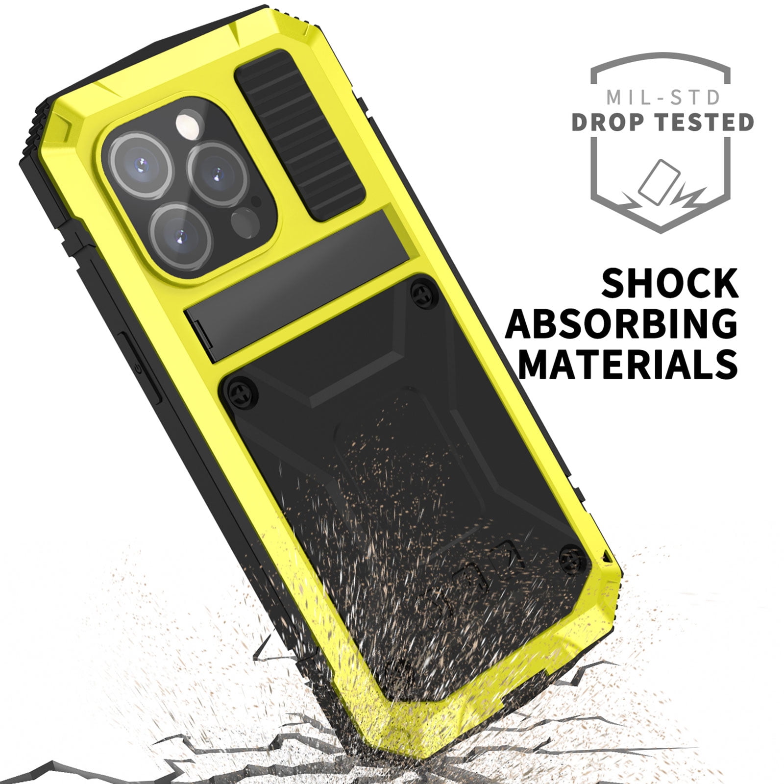 Dteck for iPhone 15 Pro Case,Outdoor Sports Military Heavy Duty Metal Cover Shockproof Dustproof Full Body Case with Built in Tempered Glass Screen Protector Hybrid Kickstand Cover,Yellow