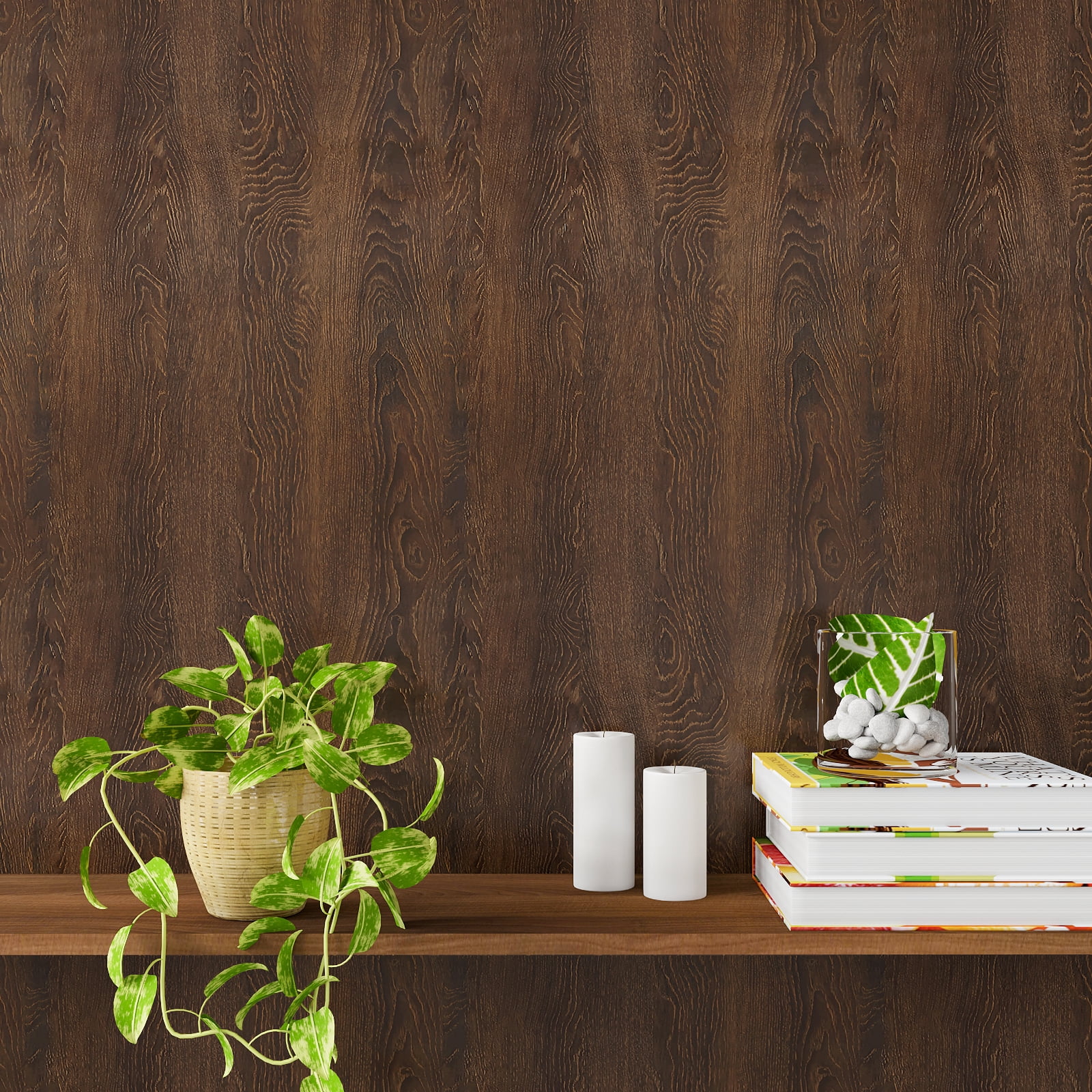 CHIHUT 17.7"x236" Dark Brown Wood Wallpaper Peel and Stick Countertop Contact Paper Waterproof Wood Grain Wallpaper for Kitchen Removable Self Adhesive Wood Vinyl Roll for Cabinets Shelf Liners