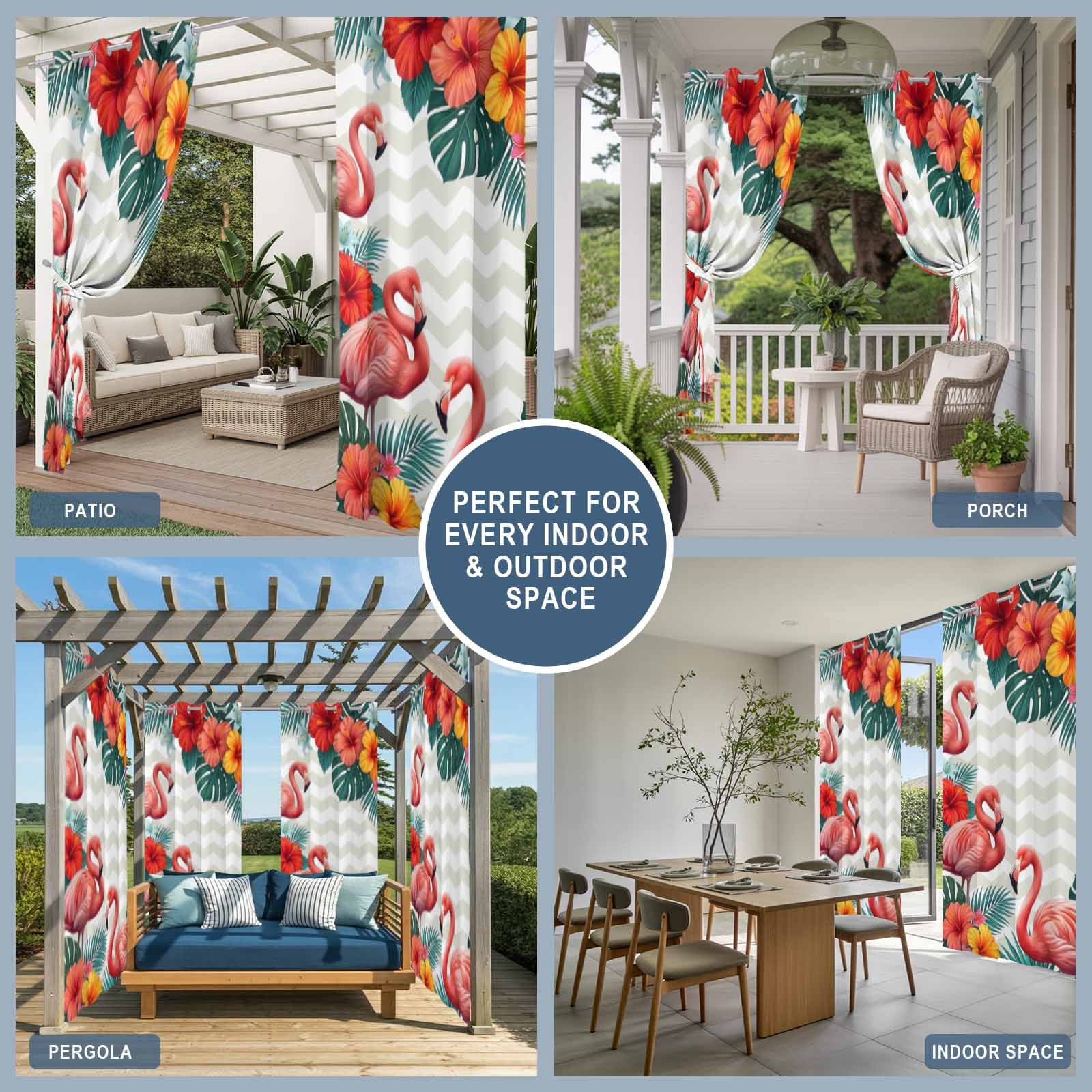 Pink Flamingos Outdoor Curtains for Patio, Summer Red Hibiscus Flower Tropical Plant Wave Stripes Sunshade Privacy Drapes Grommet Waterproof Outside Curtains for Porch Balcony 54"x108", 1 Panel