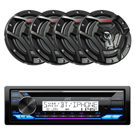 JVC KD-T92MBS Single DIN Marine MotorSports USB Bluetooth AM/FM Stereo CD Player Receiver with 4x 6.5" 150 Watt Peak Power 2-Way Waterproof Boat Audio Speakers (Black)