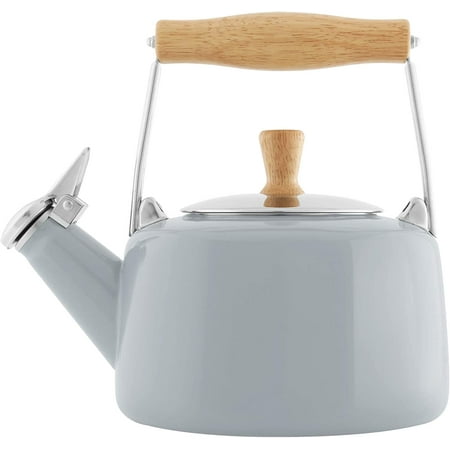 

Enamel On Steel Whistling Teakettle With Natural Wood Handle 1.4 Quarts (Fog Grey)