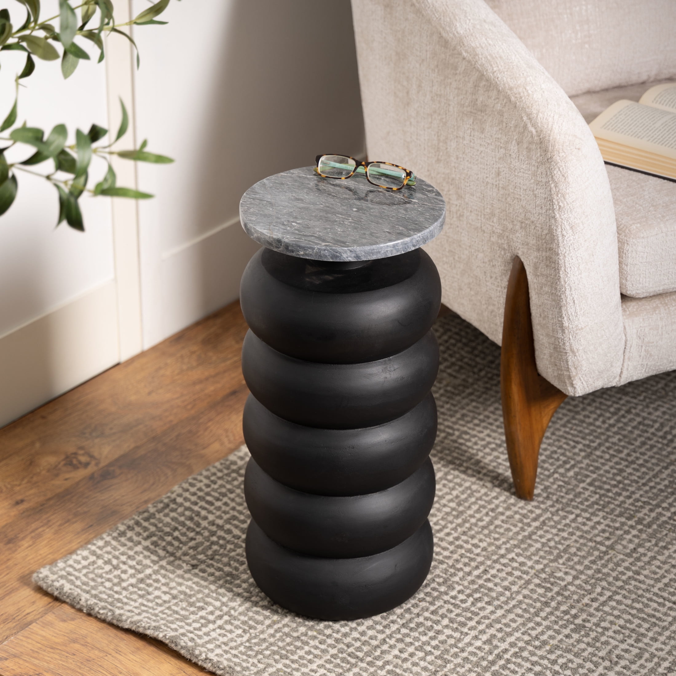 DecMode 10" x 22" Black Wood Bubble Inspired Accent Table with Marble Tabletop, 1-Piece