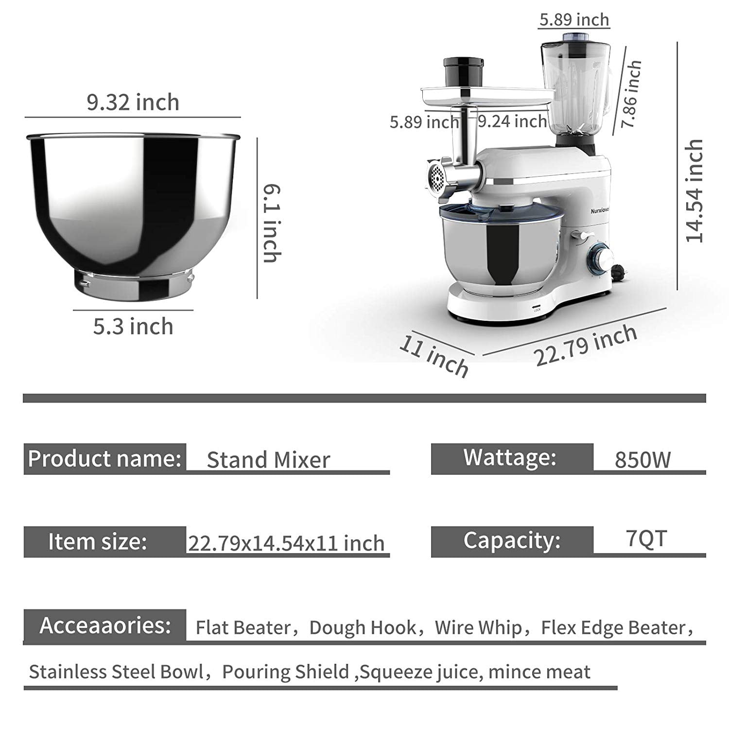 Nurxiovo Pro Heavy Duty 3 in 1 Electric Stand Mixer, 850W
