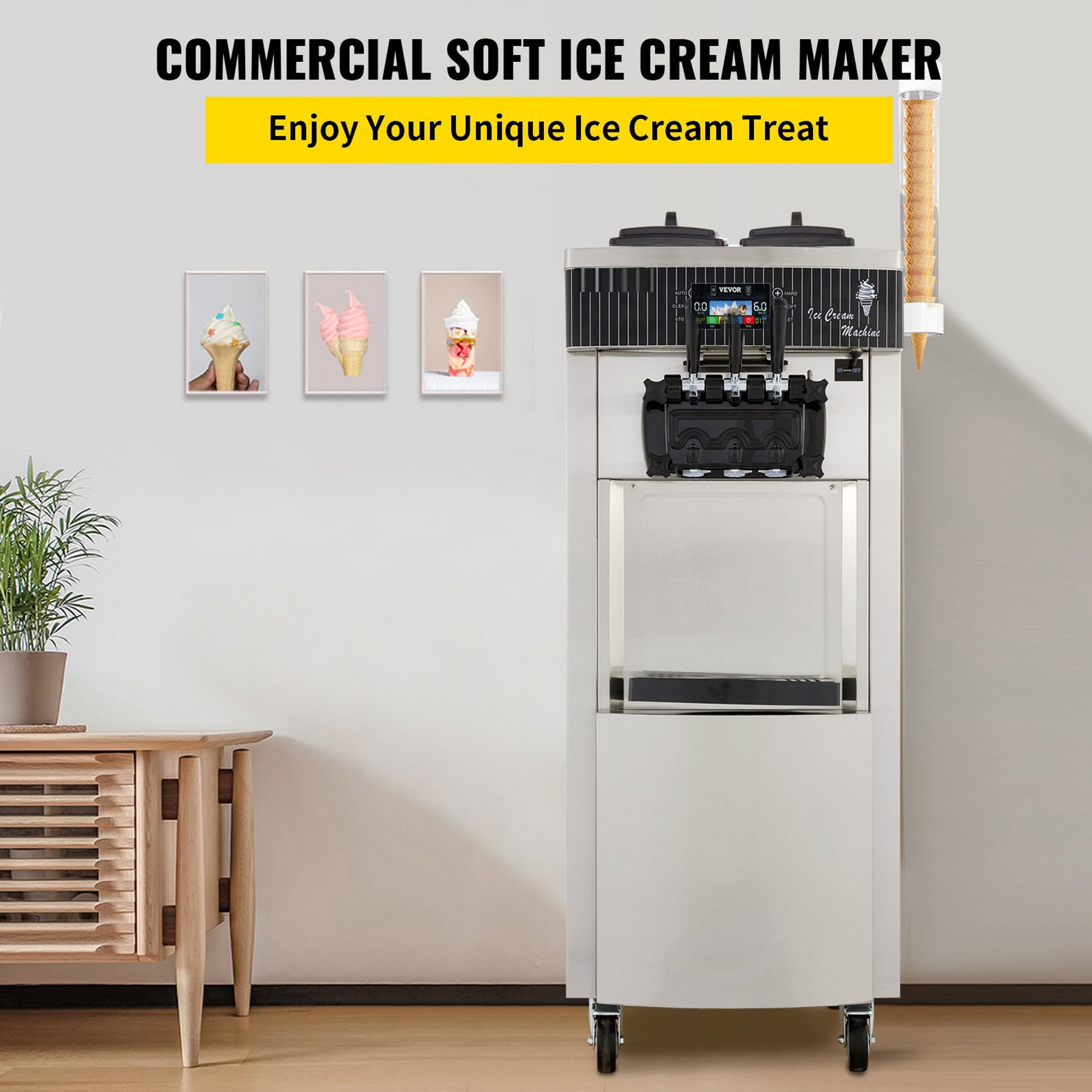 SHENGJINSH Commercial Soft Ice Cream Machine, 3 Flavors Ice Cream Maker, 2200W Serve Yogurt Maker, 5.3 to 7.4 Gal/H