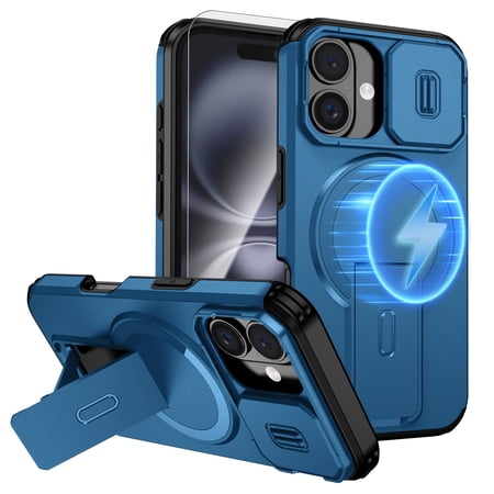 Dteck for Motorola Edge 2025 Case with Screen Protector, Fits MagSafe, with Slide Camera Lens Cover Protection Shockproof Rugged Kickstand Phone Cover,Blue