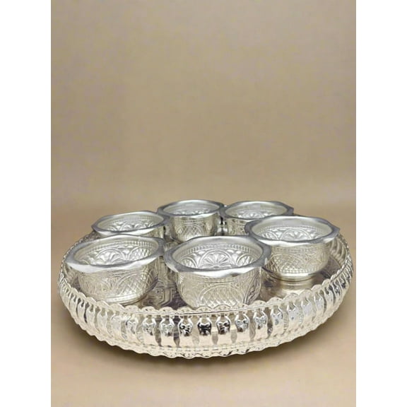 german silver tray with 6 bowl set for snacks/ pooja/ gift item