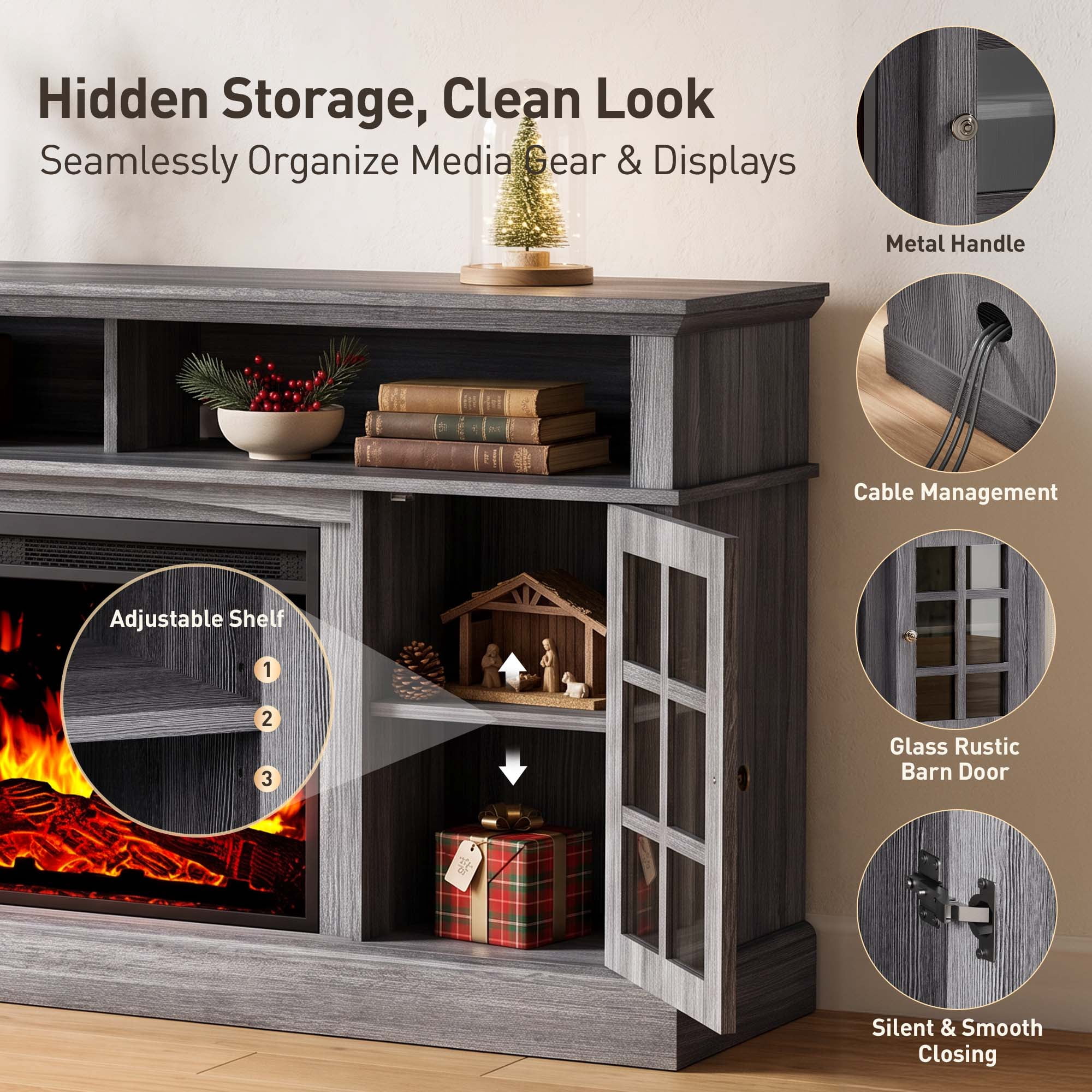 Chitooma Fireplace TV Stand for 75", Gray Farmhouse photo 5