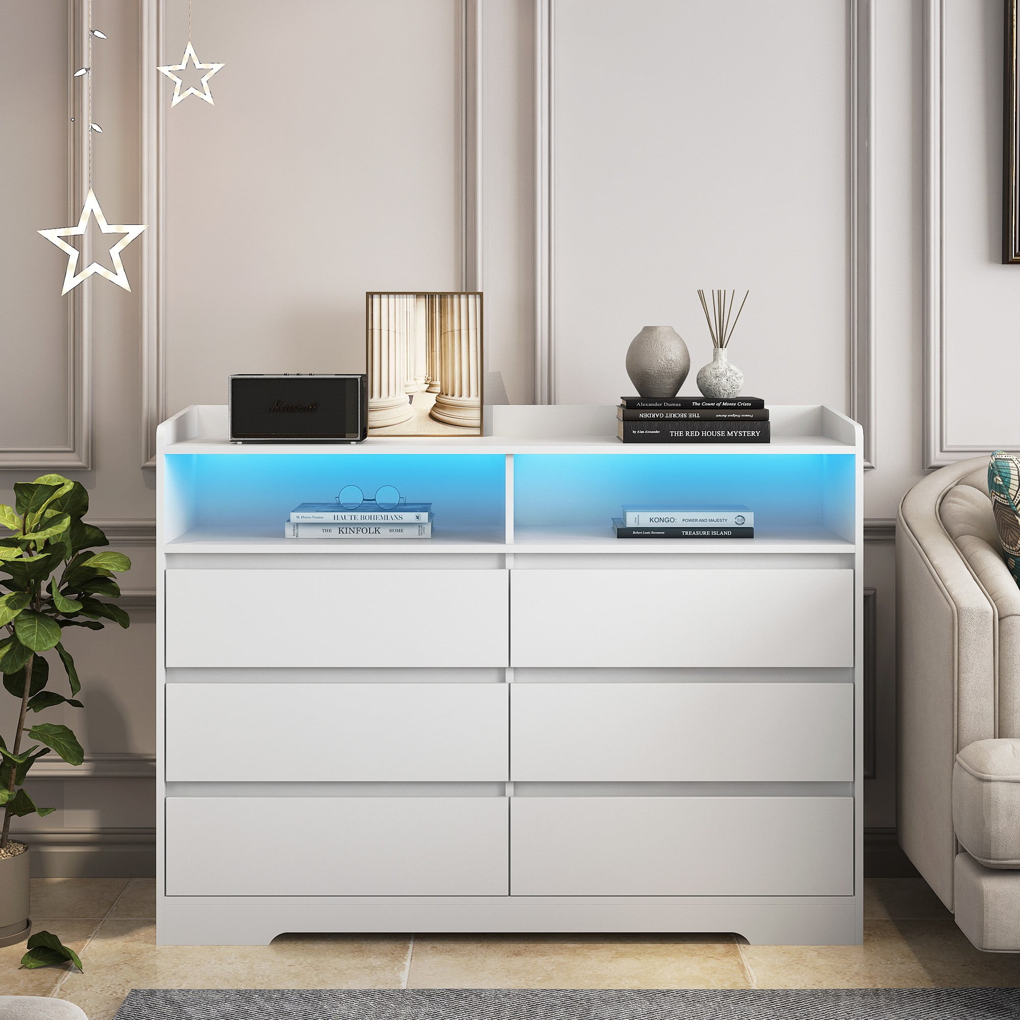 Finihen 6 Drawer Dresser, Modern Chest of Drawers with Led Lights, Wooden Dresser for Bedroom with Sturdy Frame for Living Room, Entryway, Hallway, White-L Finihen 6 Drawer Dresser, Modern Chest of Drawers with Led Lights, Wooden Dresser for Bedroom with Sturdy Frame for Living Room, Entryway, Hallway, White-L