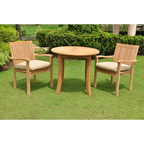 Teak Dining Set:2 Seater 3 Pc - 36" Round Table And 2 Leveb Stacking Arm Chairs Outdoor Patio Grade-A Teak Wood WholesaleTeak #WMDSLV1