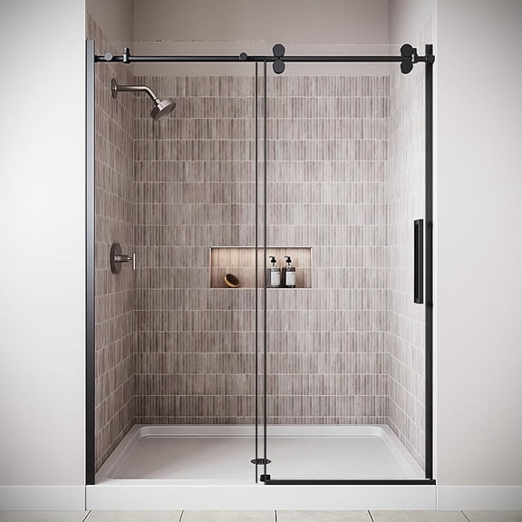 Neto 60'' x 76'' Semi-Frameless Sliding Shower Door with CrystalTech Treated 5/16'' Tempered, Clear Glass, Matte Black Hardware, SKU: AQ-1550-BL-L-R