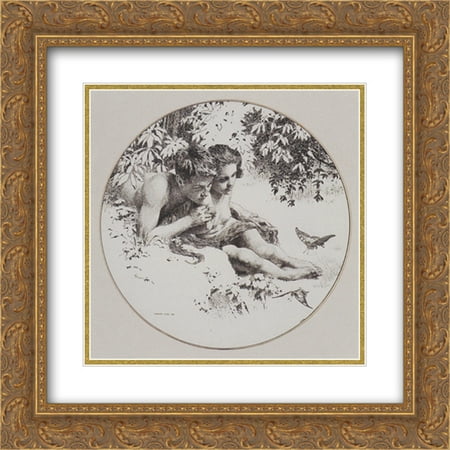 Leaf Fine Gold Plate - Koloman Moser 2x Matted 20x20 Gold Ornate Framed Art Print 'Reproduction template for the middle part of the leaf love for Gerlach's allegories. New Series, Plate 30'