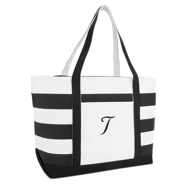 DALIX Striped Beach Bag Tote Bags Satchel Personalized Black Ballent Letter T