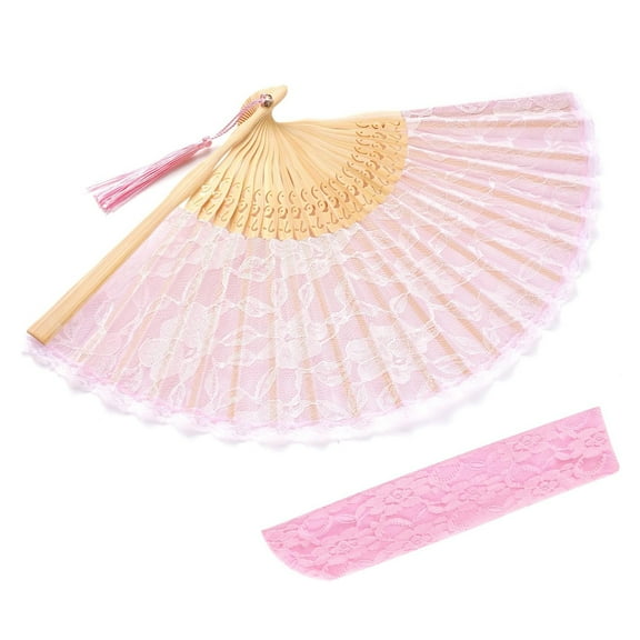 Silk Lace Folding Fan - Elegant Bamboo Hand Fan for Women, Wedding, Dance & Parties, 40cm Opened (Pink, 100g)