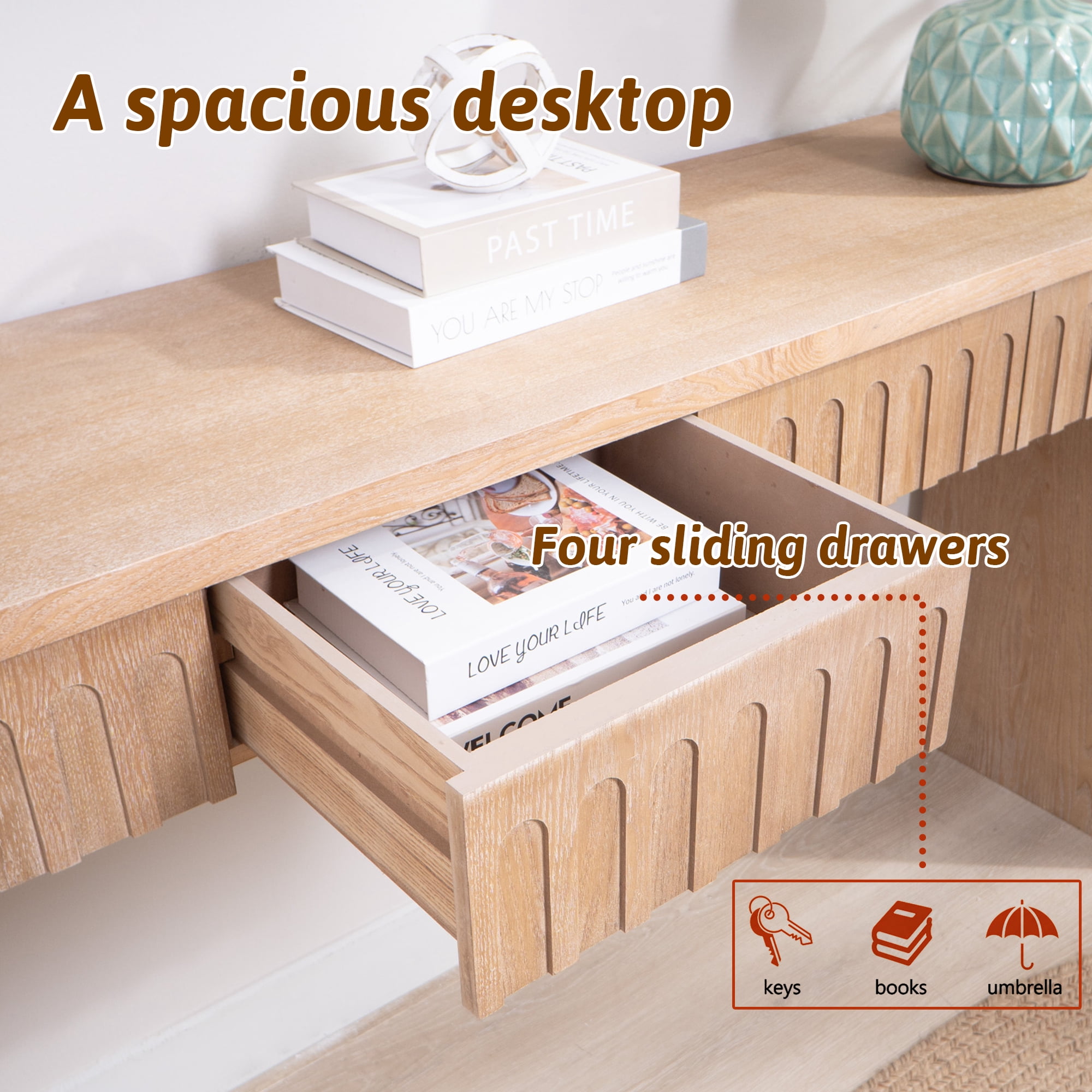 MDQMD 59.2'' Console Table with 4 Drawers for Living Room,Carved Console Table with Storage,Wooden Couch Table Behind Sofa,Natural Wood