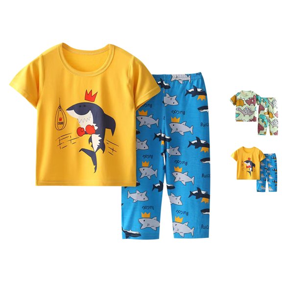 SROBPTY Summer Set for Kids Boys Girls Print Short Sleeve Top with Elastic Waistband Cropped Pants