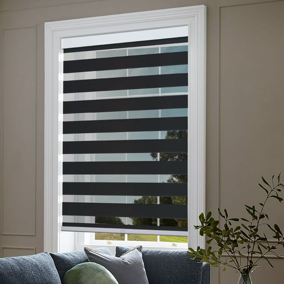 Biltek Zebra Cordless Window Blinds, Dual Layered Light Filtering Roller Shades, Easy Install Blinds, Indoor Home Decor, Pull-Down Shades for Windows, Light Control for Day & Night, Black, 70"W X 72"H