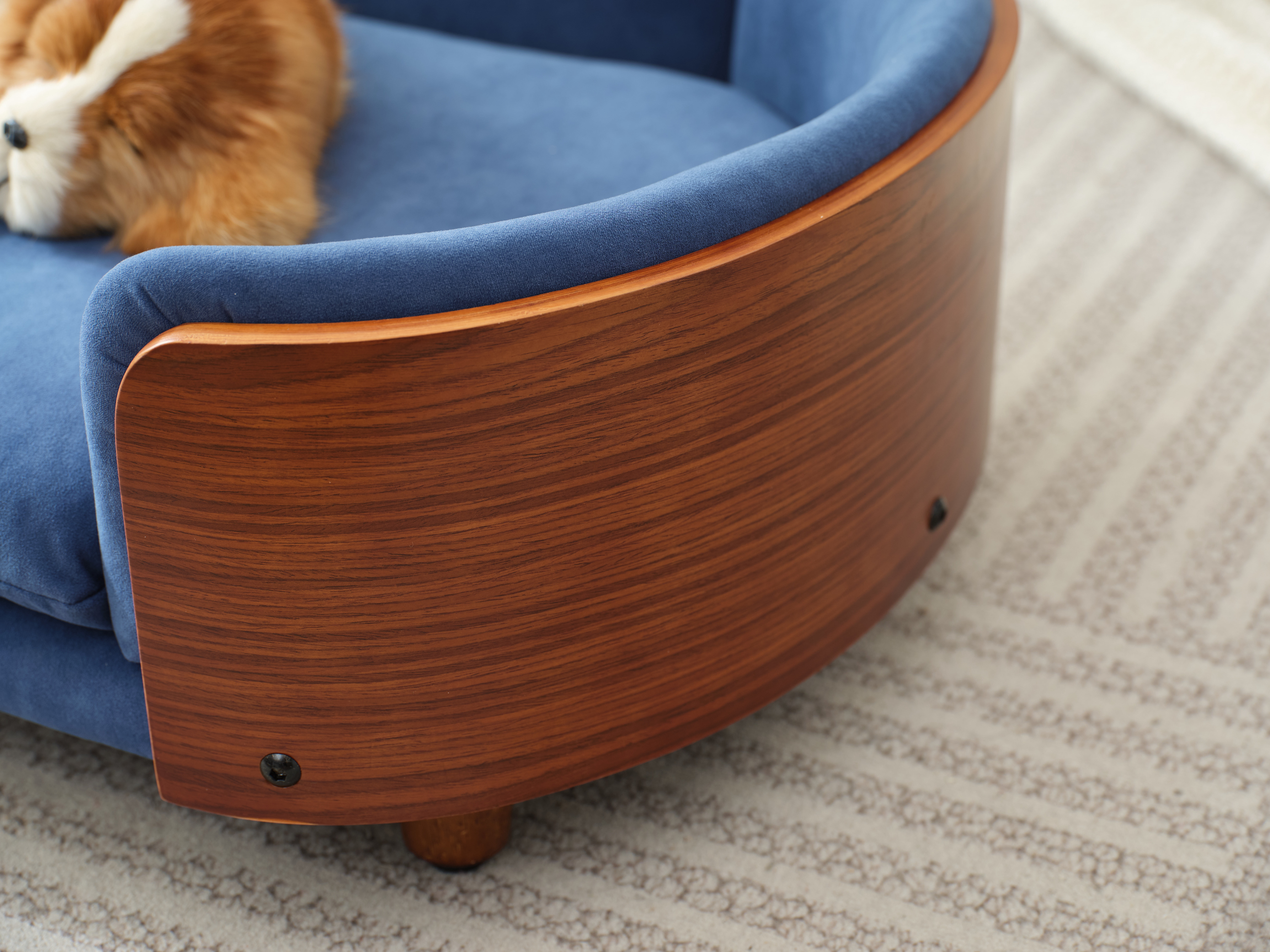 Elevated Dog Bed Pet Sofa, Small Size with Solid Wood Legs & Walnut Bent Wood Back, Velvet Dark Blue Orthopedic Pet Couch