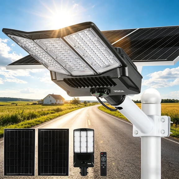Open Box MUCH 16000W Solar Street Light with Dual Solar Panels,50000mAh Outdoor Security Flood Lights,Large LED,IP67 Dusk to Dawn for Parking Lot,Patio,Courtyard