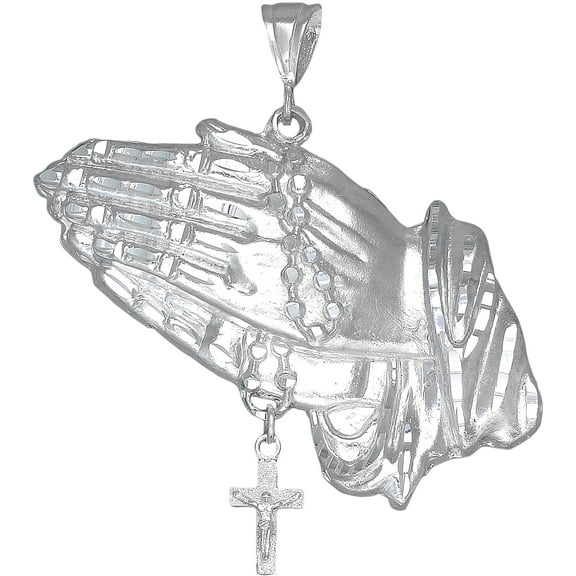 Huge Heavy Sterling Silver Praying Hands with Rosary Cross Pendant Necklace Diamond Cut Finish and 24 Inch Chain