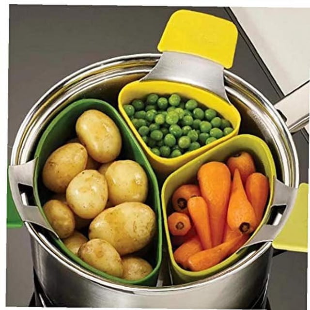 WOVTE Divisor triple nido para cocinar al vapor, cacerola de silicona, divisor, cesta para cocinar al vapor, colador, utensilios de cocina, 3 piezas/juego