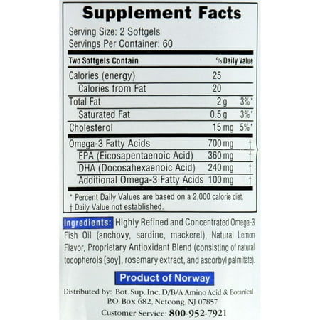 Amino Acid & Botanical Supply Fish Oil Natural Lemon 1090 mg - 120 Capsules