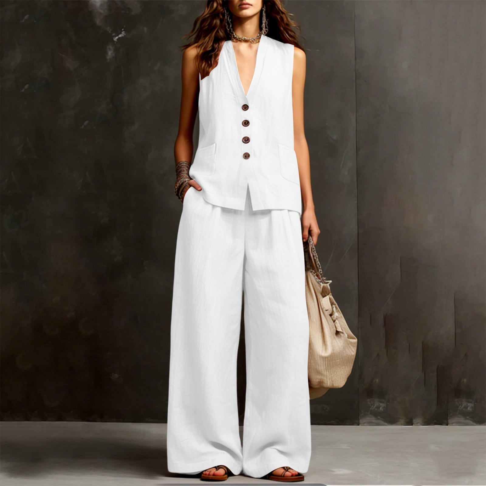 Women's Summer 2 Piece Lounge Set Dressy Sleeveless Button Down V Neck Top & Wide Leg Pants Office Travel Outfits