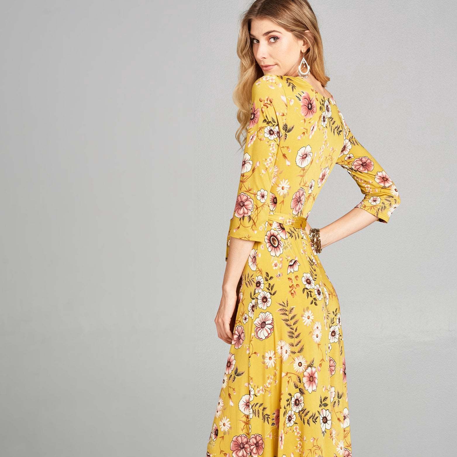 mustard floral wrap dress