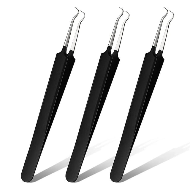 Paquete de pinzas para puntos negros, imperfecciones de acné, herramienta extractora de imperfecciones de acero inoxidable para puntos negros, puntos blancos, pinzas curvas, herramienta para eliminar puntos negros de la piel (negro) Ormromra CZMR-ZH62