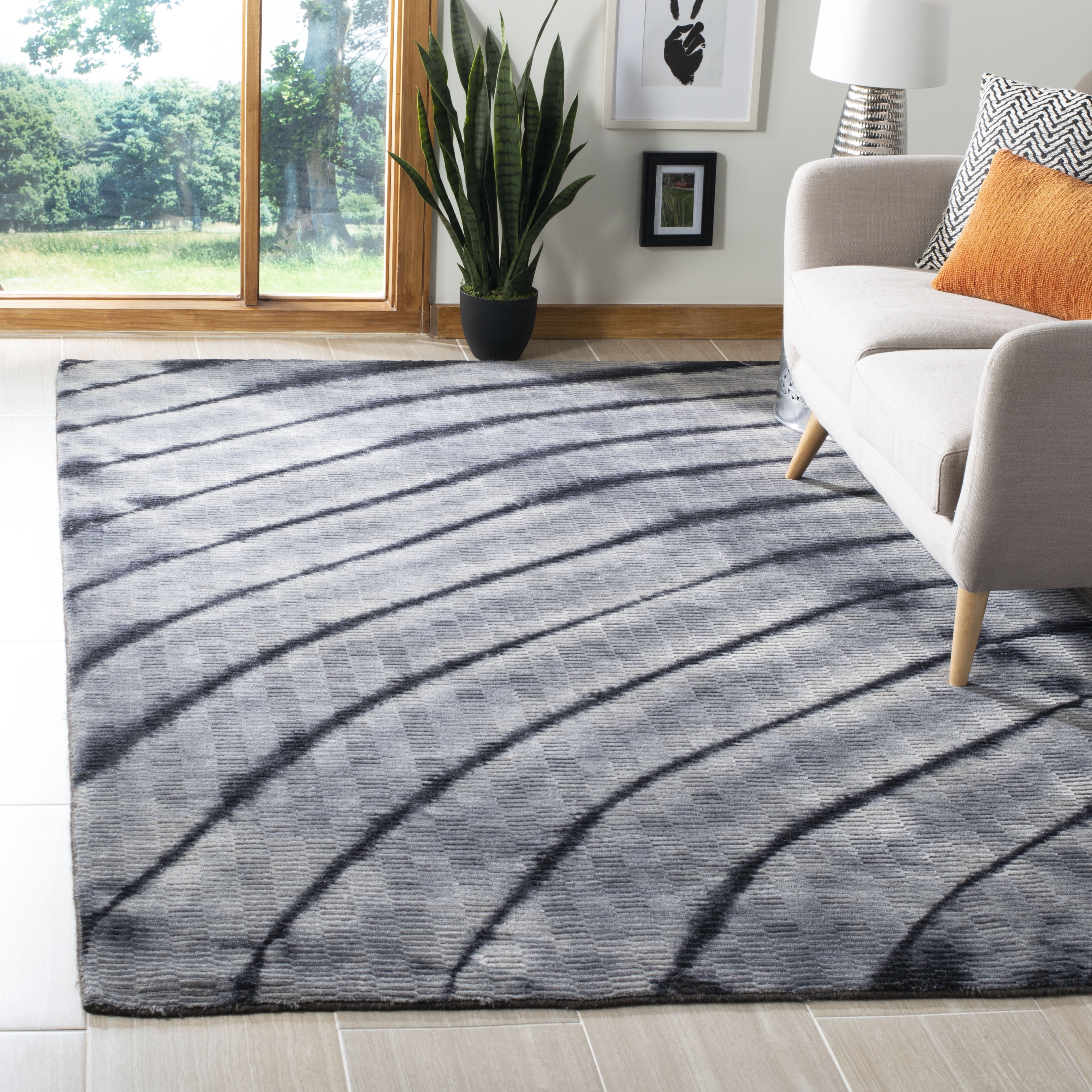 SAFAVIEH Expression Shag Abstract Striped Wool Area Rug, Grey, 6' x 9