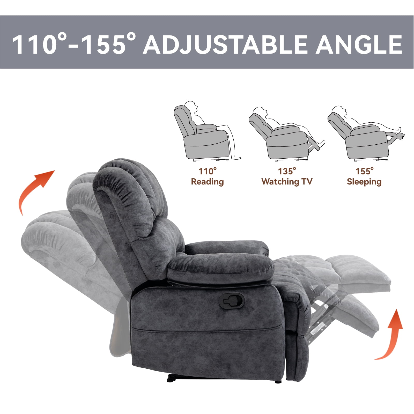Trustyue  Manual Recliner Chair with Footrest, 40" Wide Push Back Recliner Chair with Three Position and Two Side Pockets, Velvet, Black