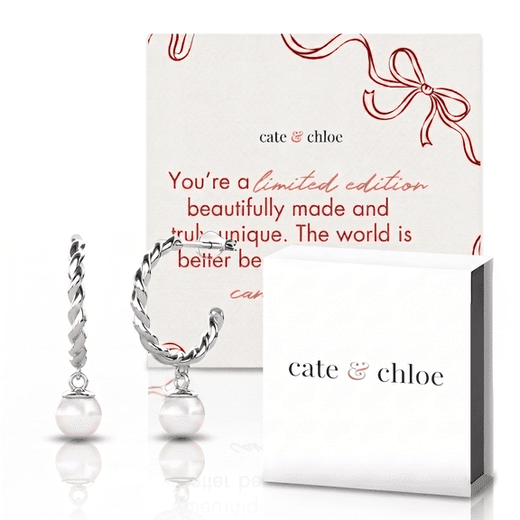 Cate & Chloe Cheyanne 18k White Gold Plated 16mm Hoop Pearl Earrings & Limited Edition Ribbon Card