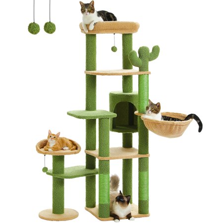 ZephyPaws 59"Cactus Cat Tree,Large Cat Tree for Indoor Cats,Multi-Level Cat Tower for Large Cats Cat,Scratching Post with Condo 2 Perches,Green