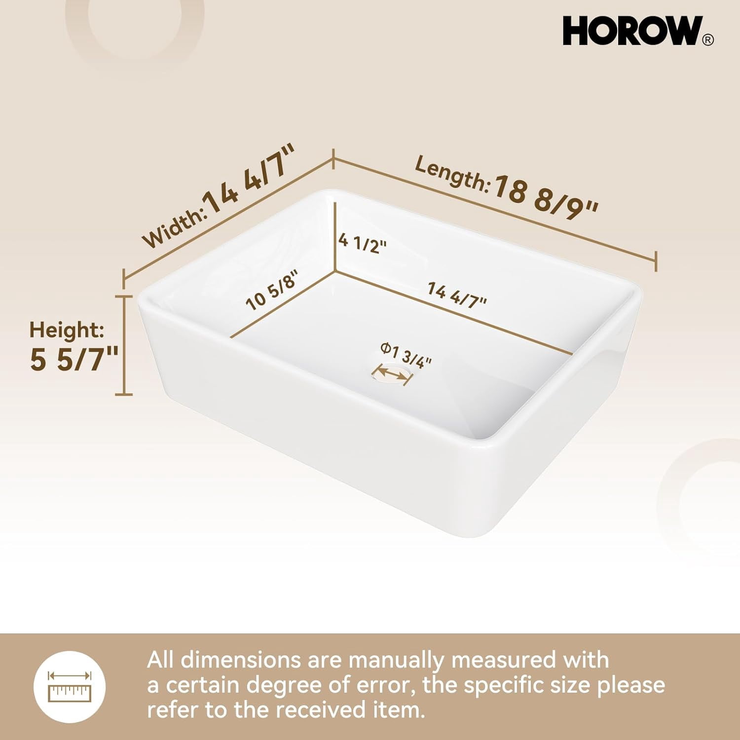 HOROW Rectangular Vessel Sink, 19'' X 15'' White Bathroom Sinks Above Counter Rectangle Ceramic