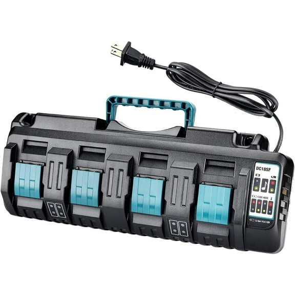 4-Port Battery Charger Compatible with Makita 18V Battery, Rapid Charger with Dual USB Port Fast Simultaneous Charging 18 Volt Charger