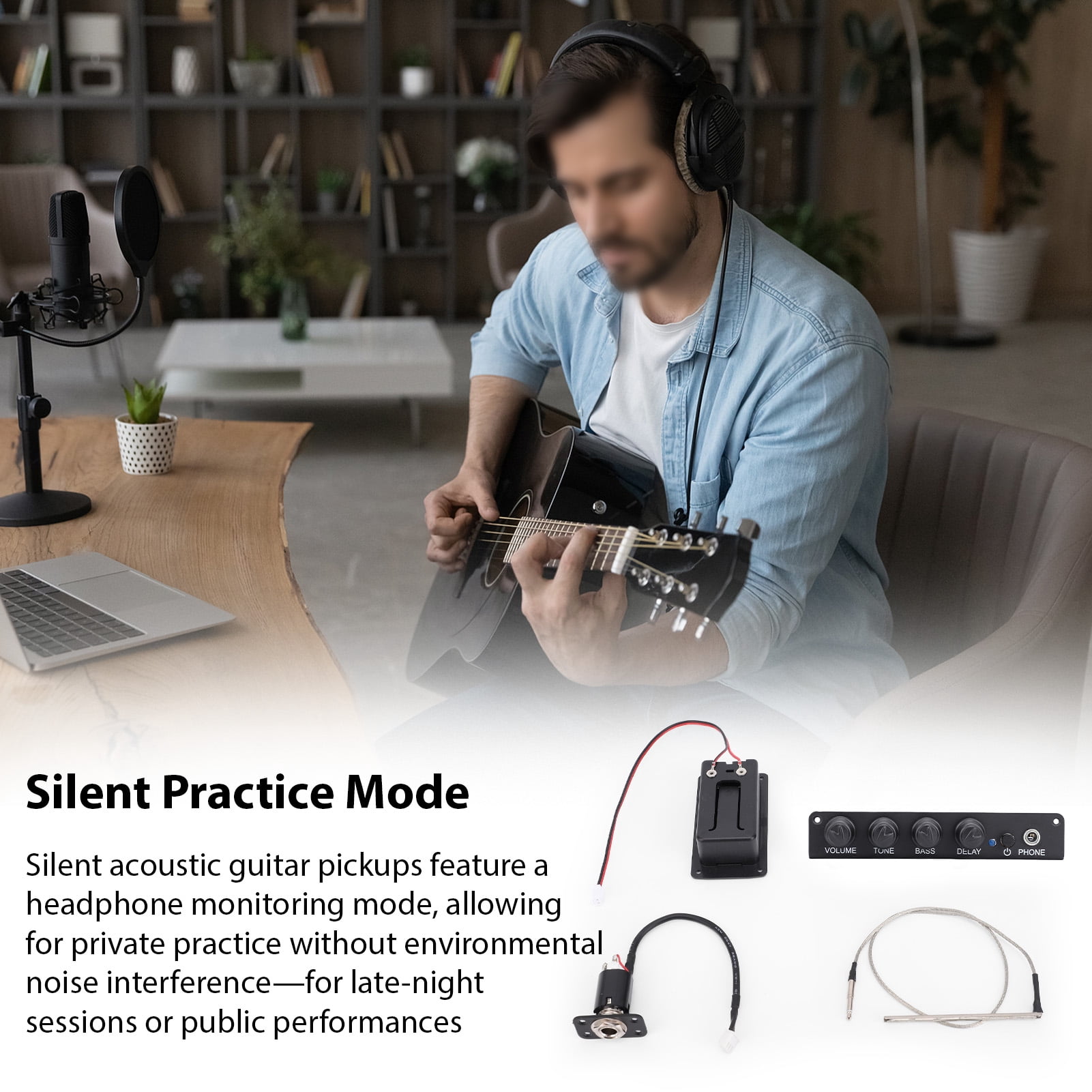 YAHHU VOICE GUARD QA-2 Silent Guitar Piezo Pickup with Headphone Monitoring Mode, Multi-Dimensional EQ Control & Built-In Delay Effect for Acoustic & Classical Guitars, Black