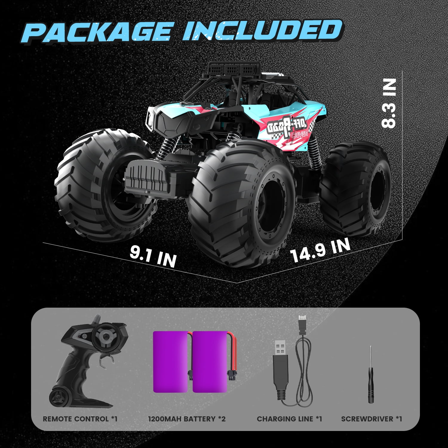 JoyStone 1:10 RC Cars for Kids , 2.4Ghz RC Monster Truck with Light, 2 Batteries, 60+ Mins, Off Road Vehicle for Adults, Blue