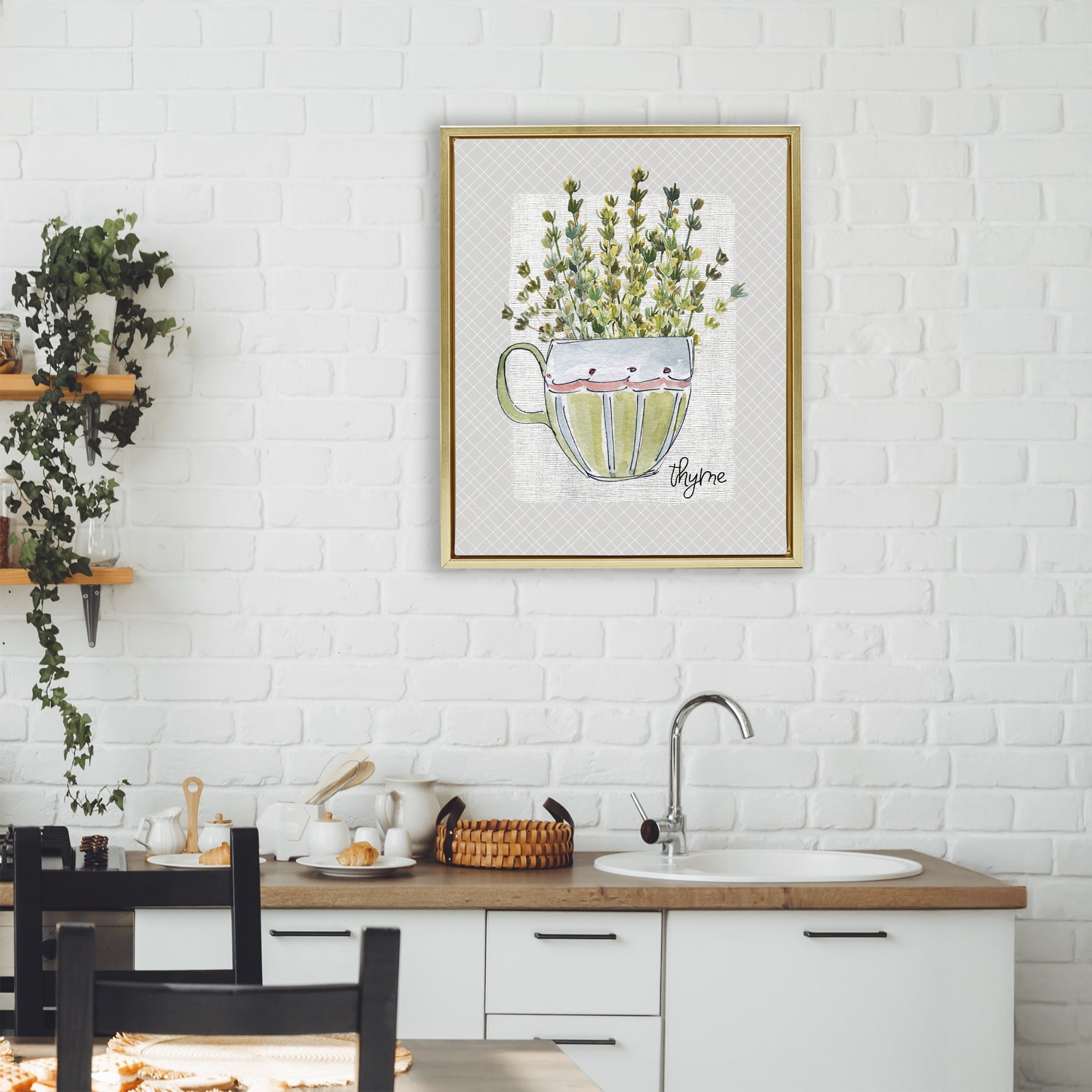 Stupell Industries Thyme Herb Mug Gold Framed Floater Canvas Wall Art, design by Livi Finn