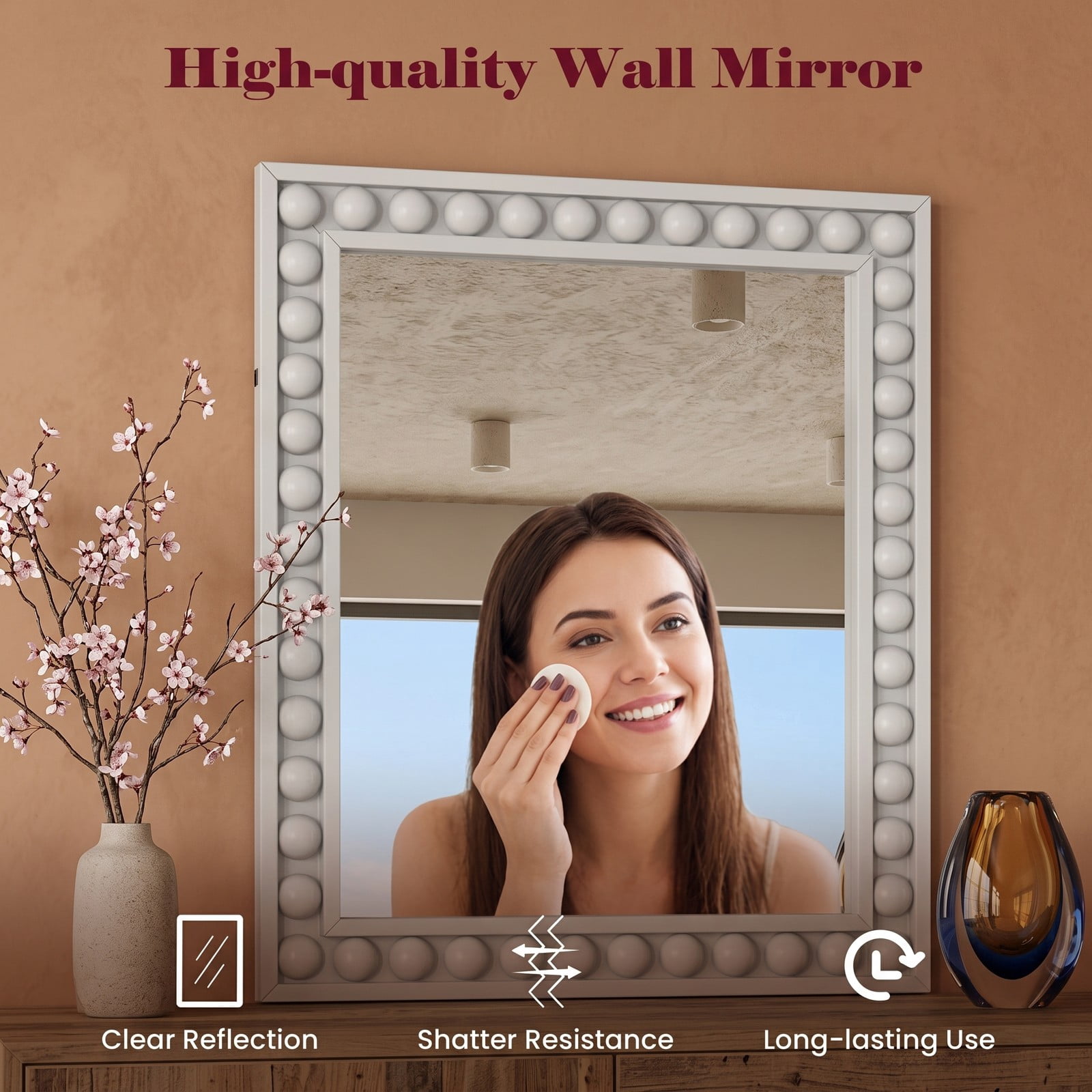 ALPULON 24 x 36 Inch Rustic Wall Mirror with Solid Wood Beaded Frame, Rectangle Vanity Mirror for Living Room Bedroom Bathroom Entryway Wall Decor, White