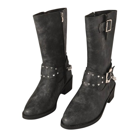 Amzcrzy Knee High Boots Women Large Fall Winter Tall Round Toe Chunky Heel Boots Ladies Fashion Casual Metal Decorate Boots Thigh High Boots Women's Boots Boots for Women Womens Winter Boots