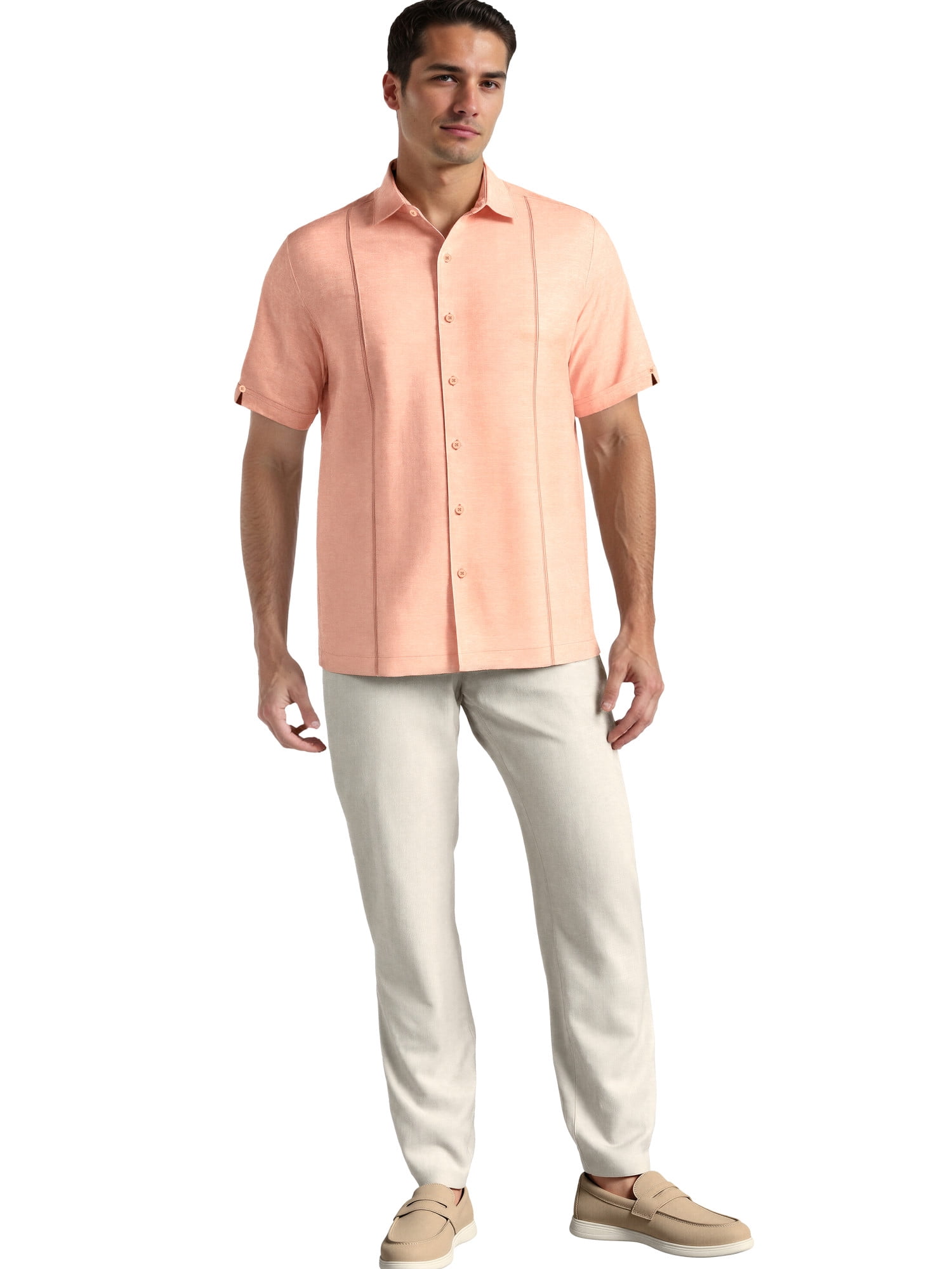 Cafe Luna Men's and Big Men's Short Sleeve Linen-Cotton Tuck Panel Woven Shirt, Sizes S-5XL