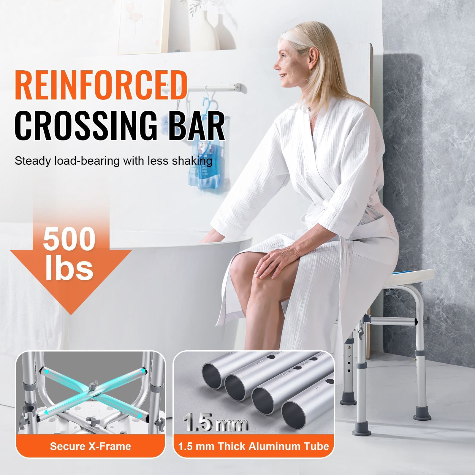 Shower Stool with Adjustable Height, 500 lbs Capacity, PE + Aluminum Alloy, 4 Non-Slip Pads, Tool-Free Assembly, for Seniors, Disabled, Pregnant Women & Post-Surgery Patients