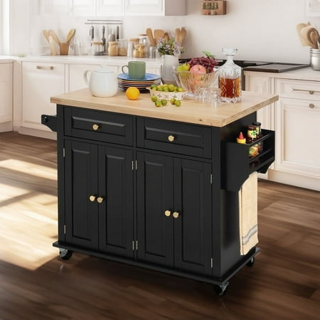 Finnhomy Rolling Kitchen Island with Drop Leaf Thicken Rubberwood Top Portable Mobile Carts Table Kitchen Serving and Storage Cart