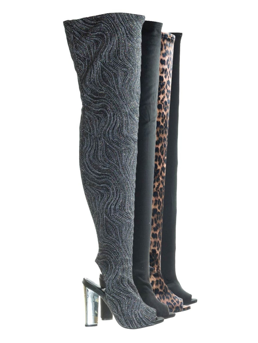 black glitter thigh high boots