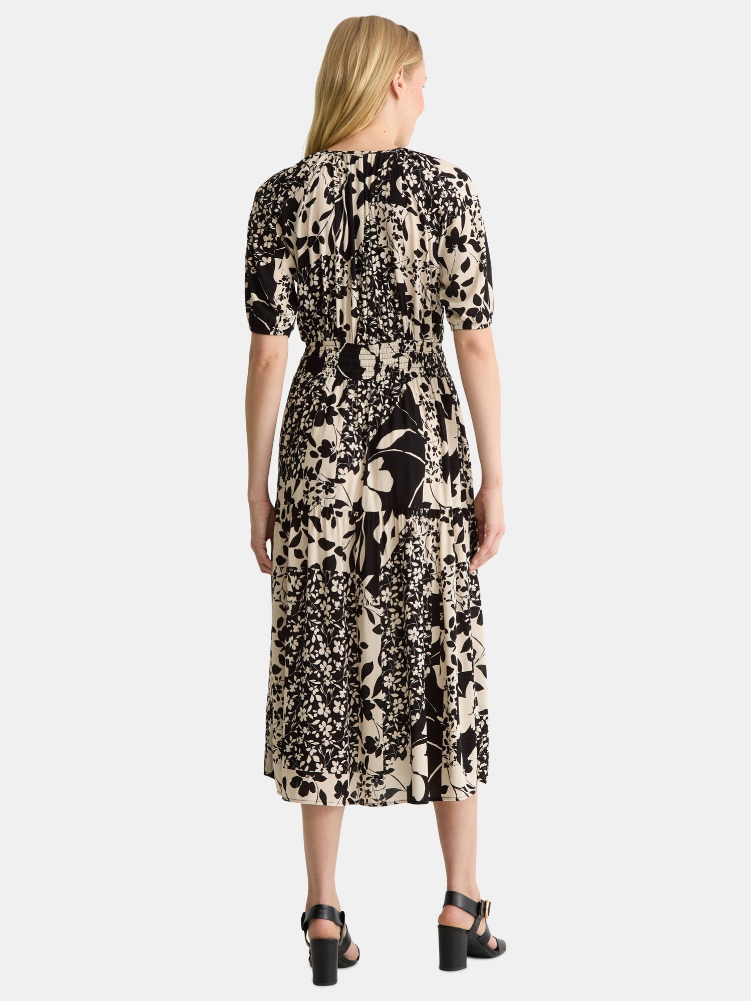 Time And Tru Women's Tiered Smocked Waist Midi Dress with Short Sleeves, Sizes XS-XXXL